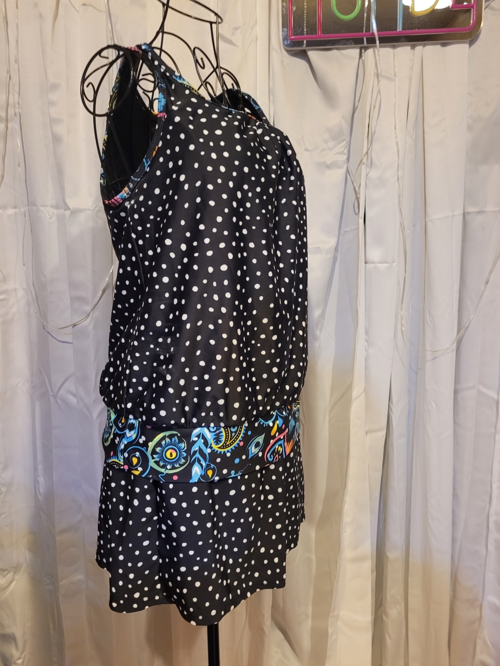 Amazon Women's Black Polka Dot One-Piece Swimsuit with Multicolor Paisley Band